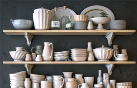 Shelf with utensils in bright colors