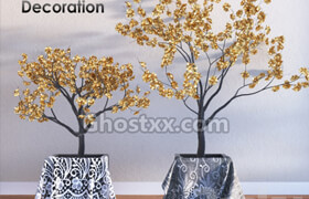 金色树叶的花盆模型