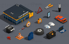 Cgtrader - Low Poly Car Service Engine Repair Isometric VR  AR  low-poly 3d model