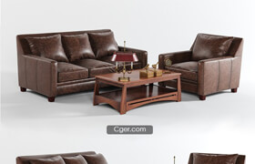 棕色皮革沙发模型，古典茶几和台灯模型