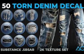 Artstation - 50 Torn Denim Decals - Substance .SBSAR + 2K Textures Set - 材质